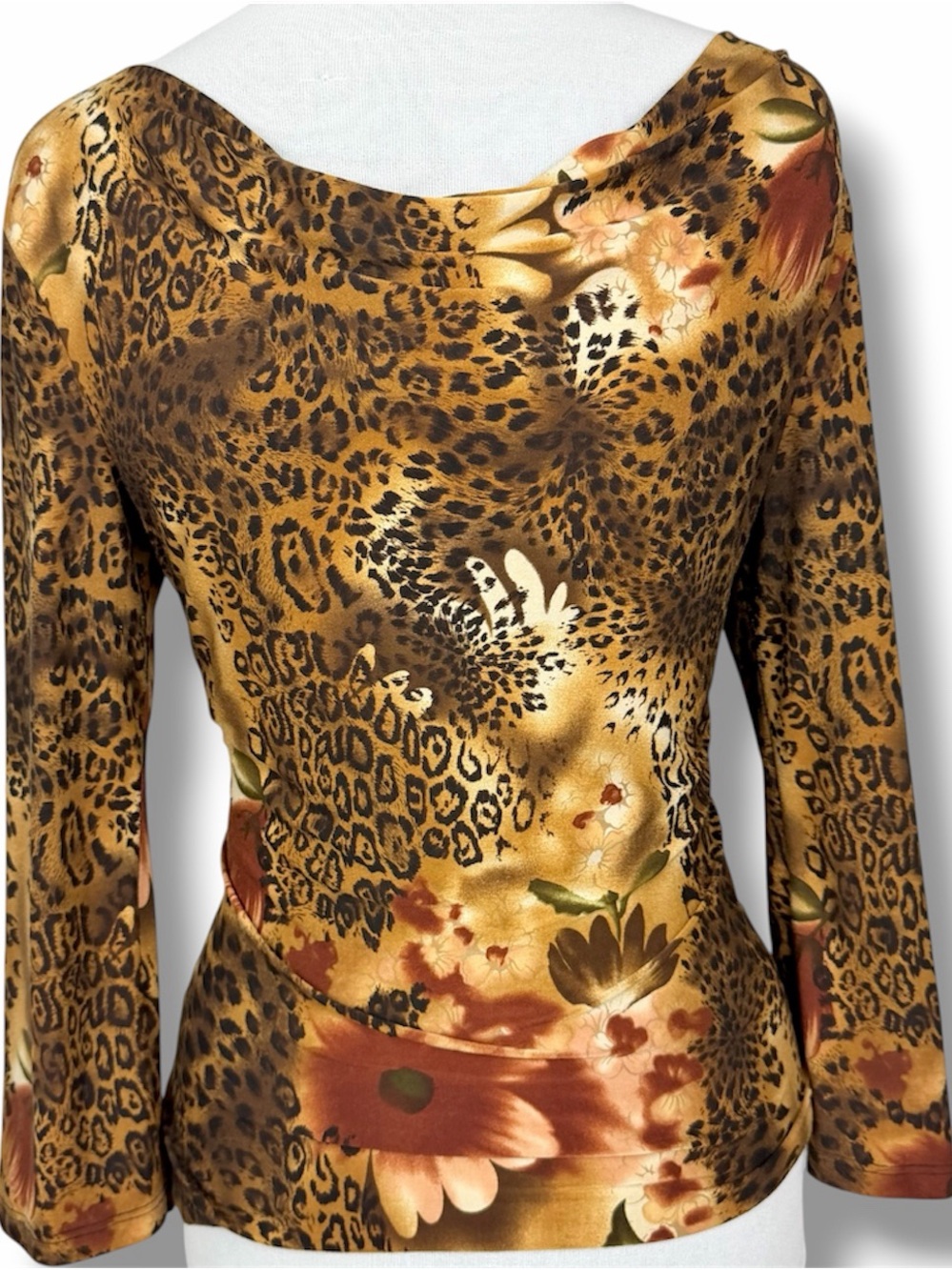 Leopard Floral Print Cowl Neck Top Women's M Stretch Long Sleeve Animal Print